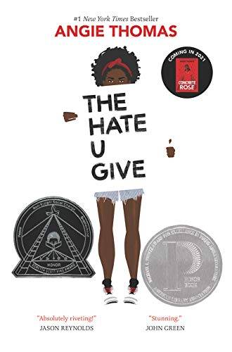 White book cover with illustrated image of a person holding a protest like sign that says "the hate u give."